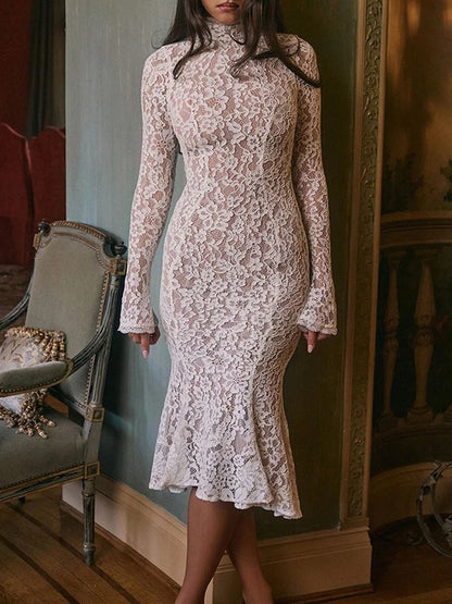 White Lace Mock Neck Bell Sleeve Bodycon Flared Ruffle Hem Midi Dress