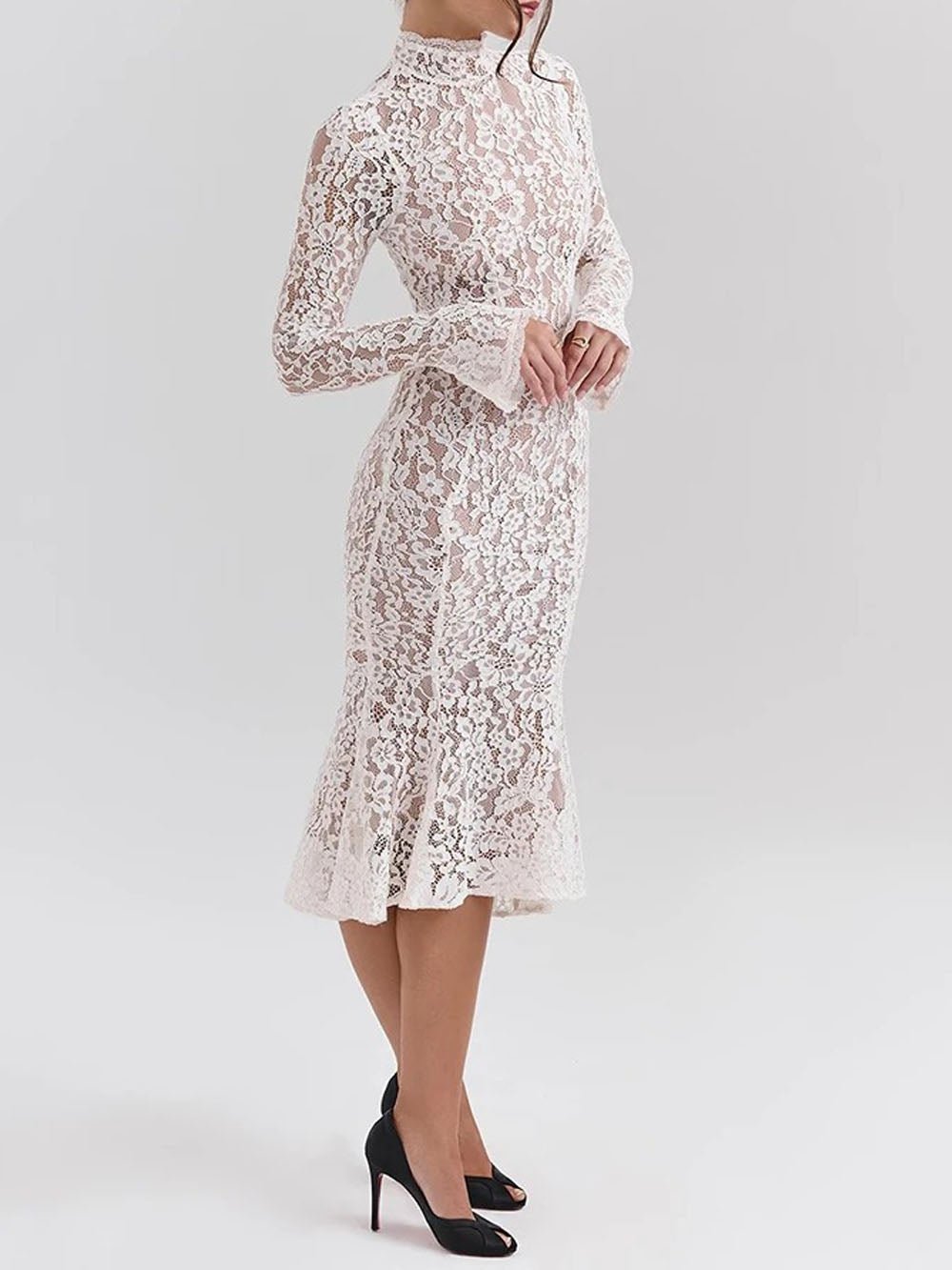 White Lace Mock Neck Bell Sleeve Bodycon Flared Ruffle Hem Midi Dress