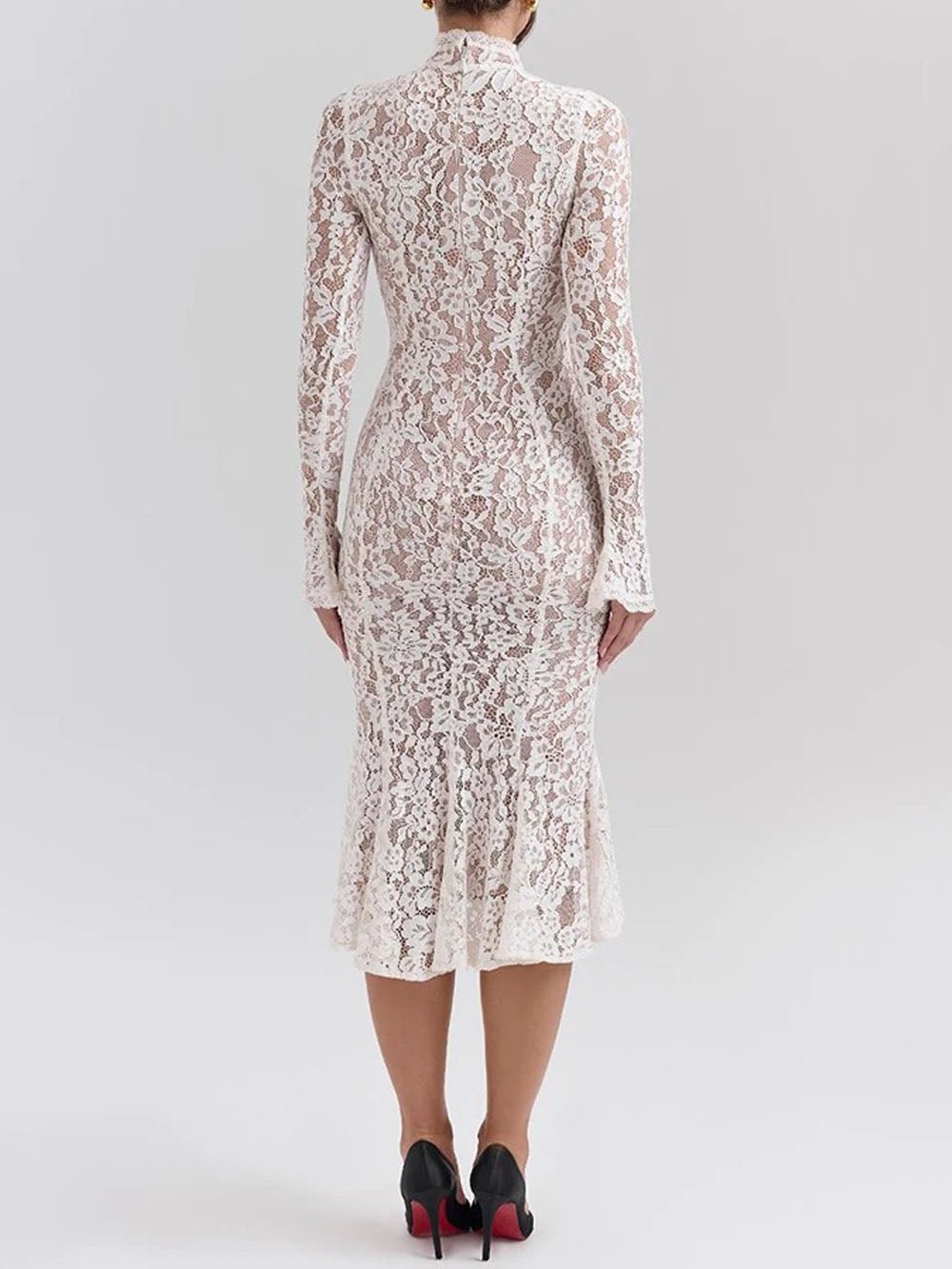 White Lace Mock Neck Bell Sleeve Bodycon Flared Ruffle Hem Midi Dress