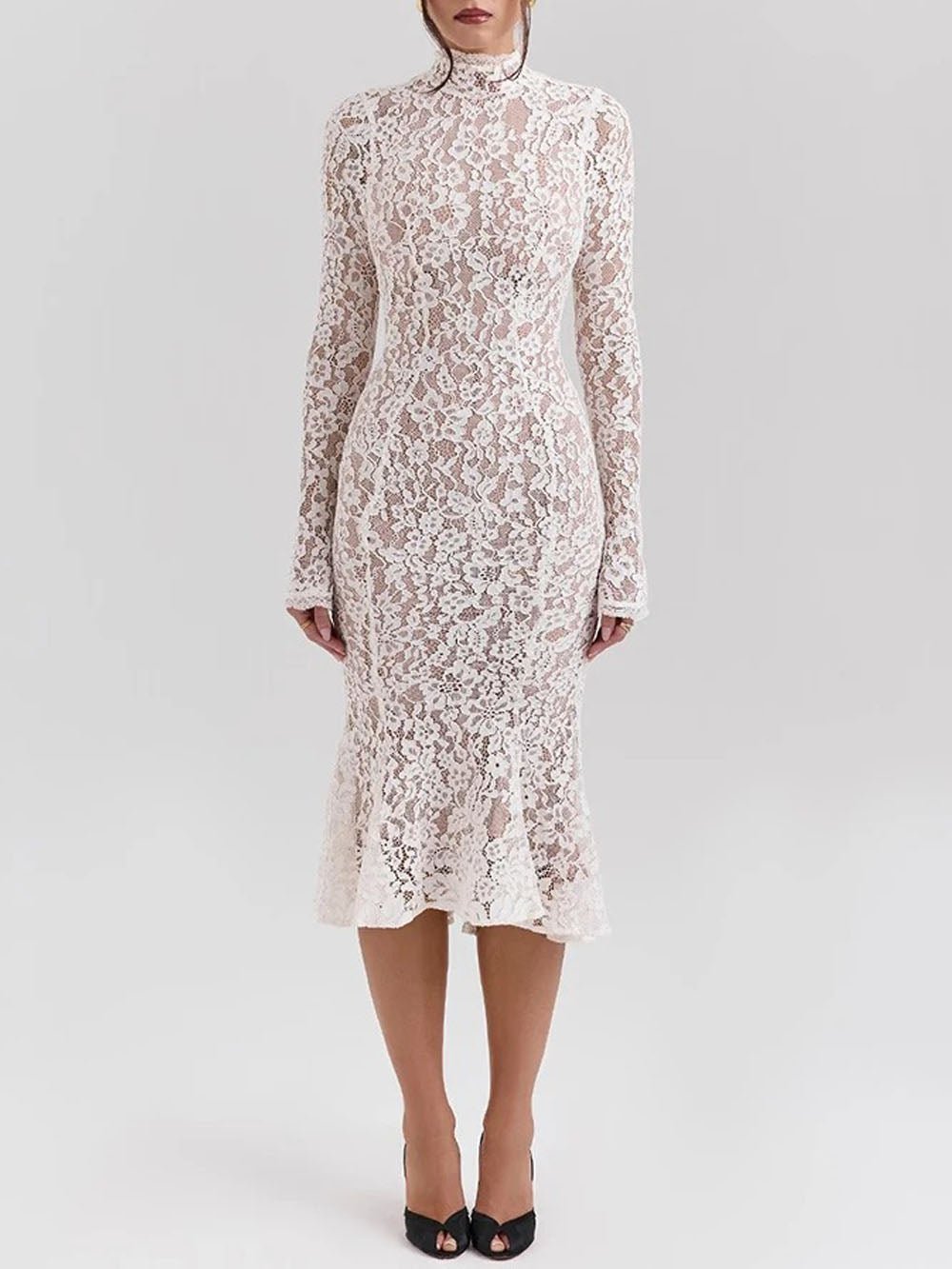 White Lace Mock Neck Bell Sleeve Bodycon Flared Ruffle Hem Midi Dress