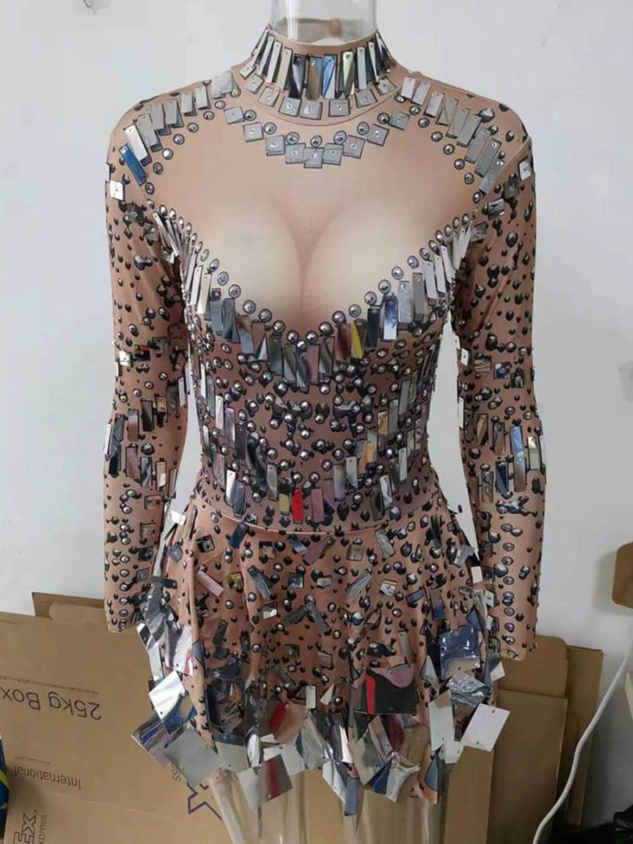 Mirror Tile Chevron Rhinestone Tiered Fringe Hem Bodycon Mini Dress