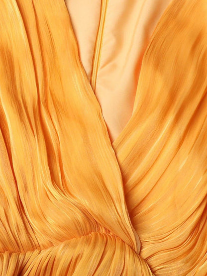 Pleated Deep V-Neck Puff Sleeve Belted A-Line Maxi Dress