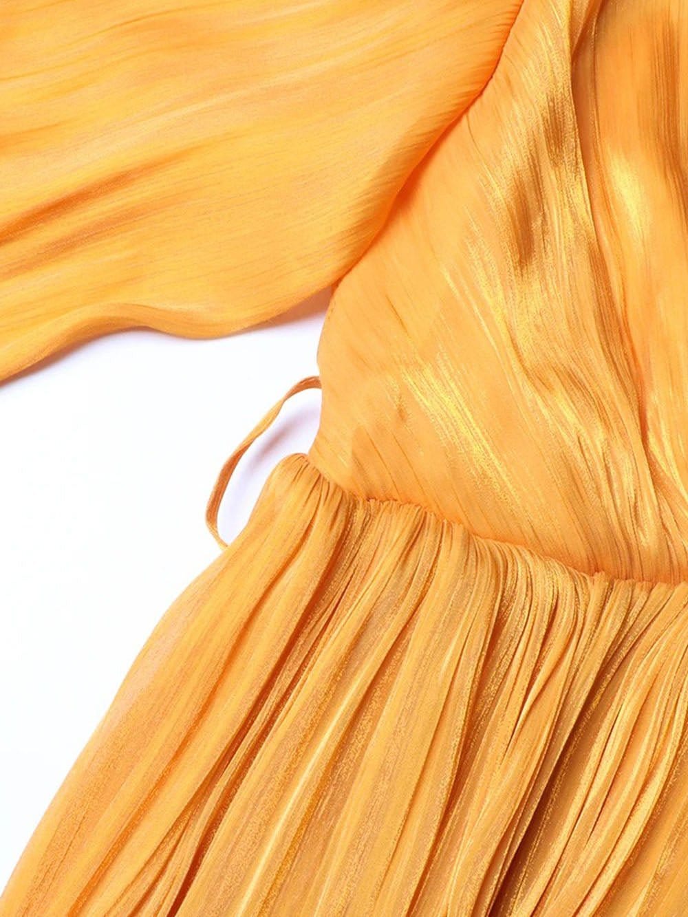 Pleated Deep V-Neck Puff Sleeve Belted A-Line Maxi Dress