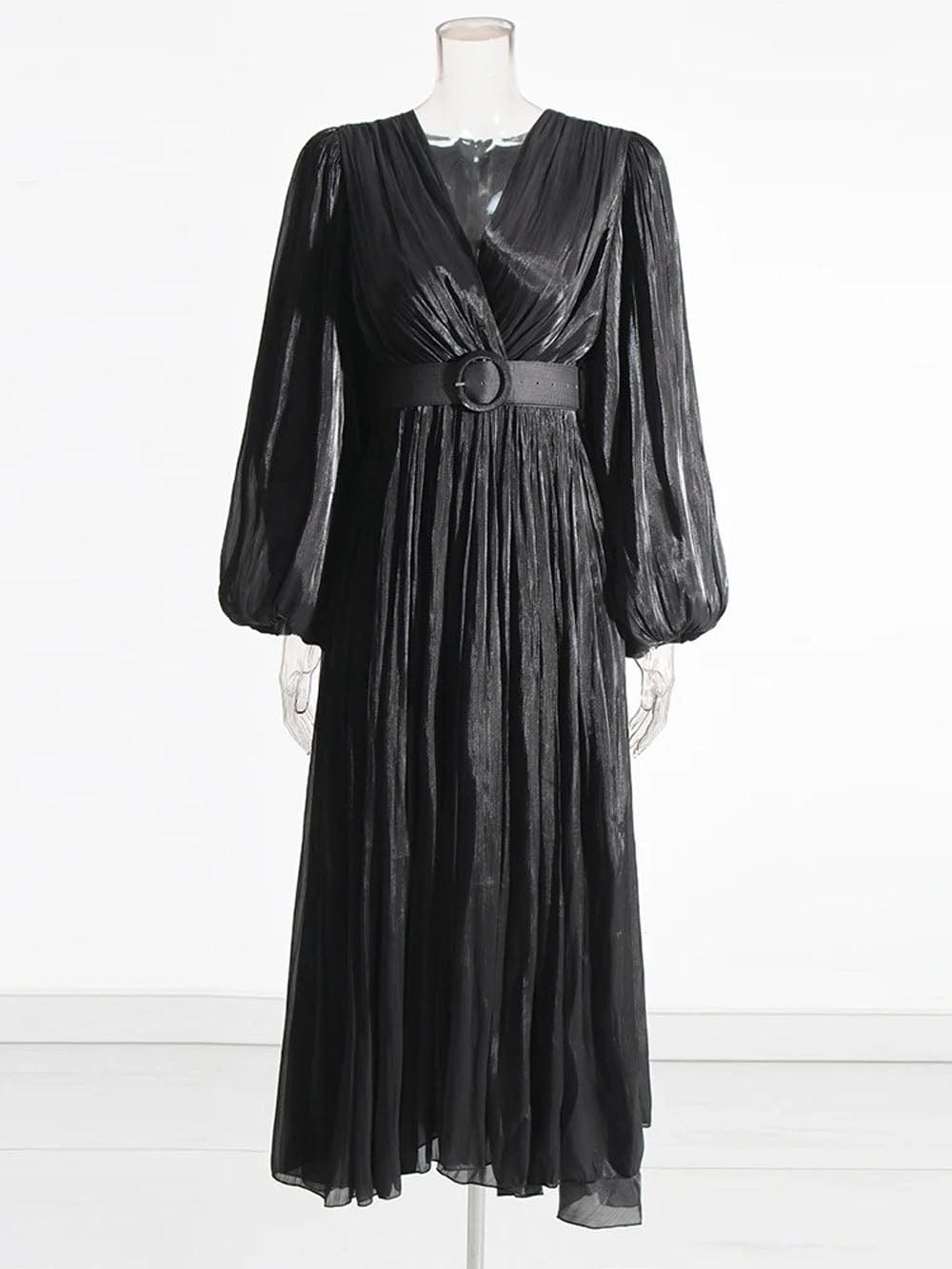Pleated Deep V-Neck Puff Sleeve Belted A-Line Maxi Dress