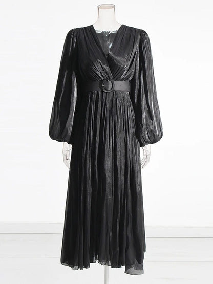 Pleated Deep V-Neck Puff Sleeve Belted A-Line Maxi Dress