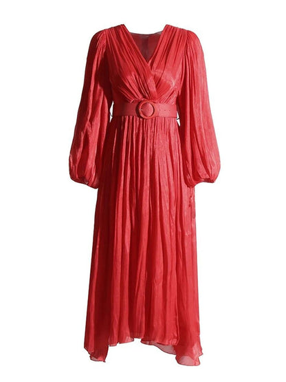 Pleated Deep V-Neck Puff Sleeve Belted A-Line Maxi Dress
