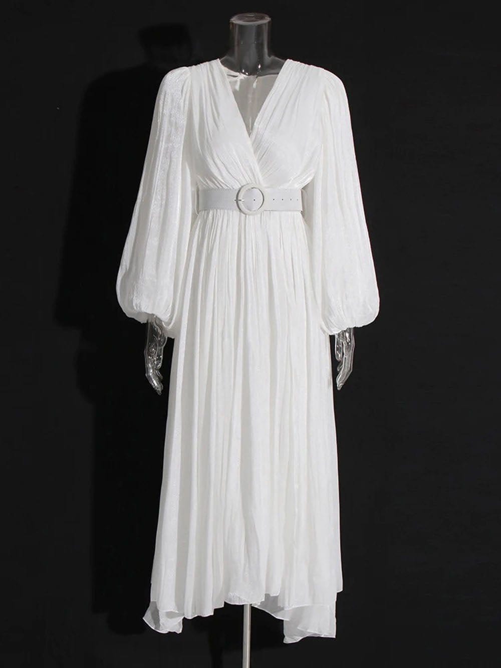 Pleated Deep V-Neck Puff Sleeve Belted A-Line Maxi Dress