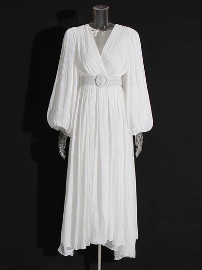 Pleated Deep V-Neck Puff Sleeve Belted A-Line Maxi Dress