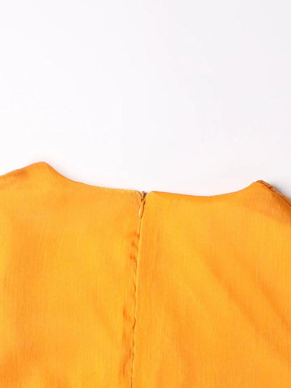 Pleated Deep V-Neck Puff Sleeve Belted A-Line Maxi Dress