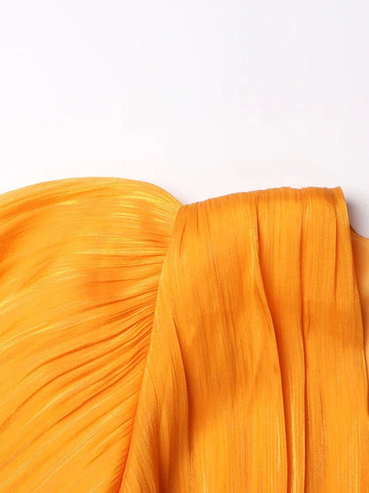 Pleated Deep V-Neck Puff Sleeve Belted A-Line Maxi Dress