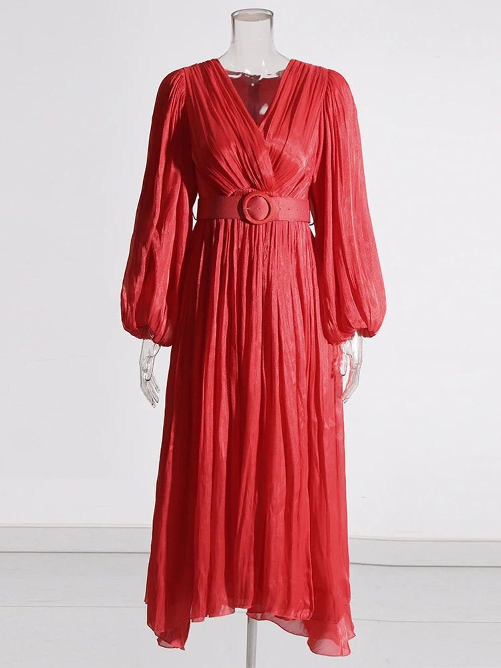Pleated Deep V-Neck Puff Sleeve Belted A-Line Maxi Dress