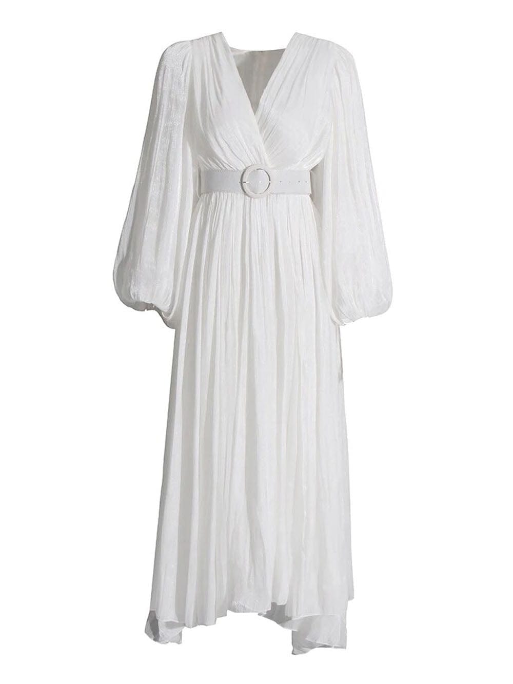 Pleated Deep V-Neck Puff Sleeve Belted A-Line Maxi Dress