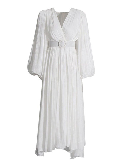 Pleated Deep V-Neck Puff Sleeve Belted A-Line Maxi Dress