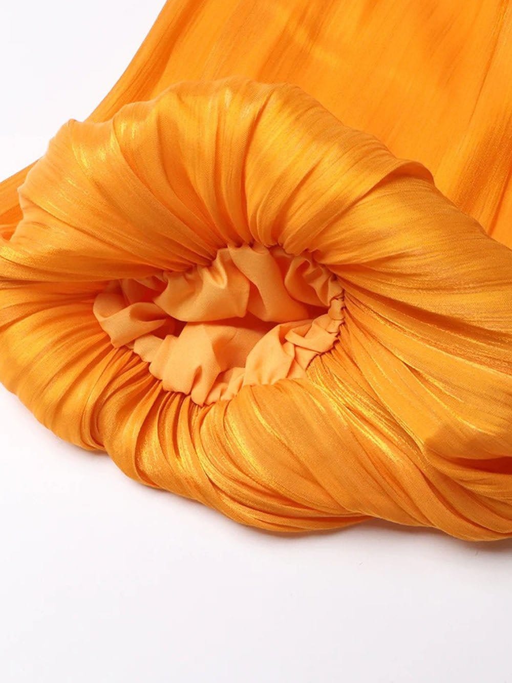 Pleated Deep V-Neck Puff Sleeve Belted A-Line Maxi Dress