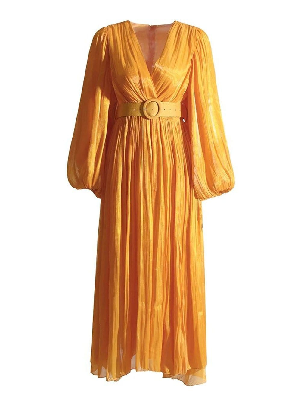 Pleated Deep V-Neck Puff Sleeve Belted A-Line Maxi Dress