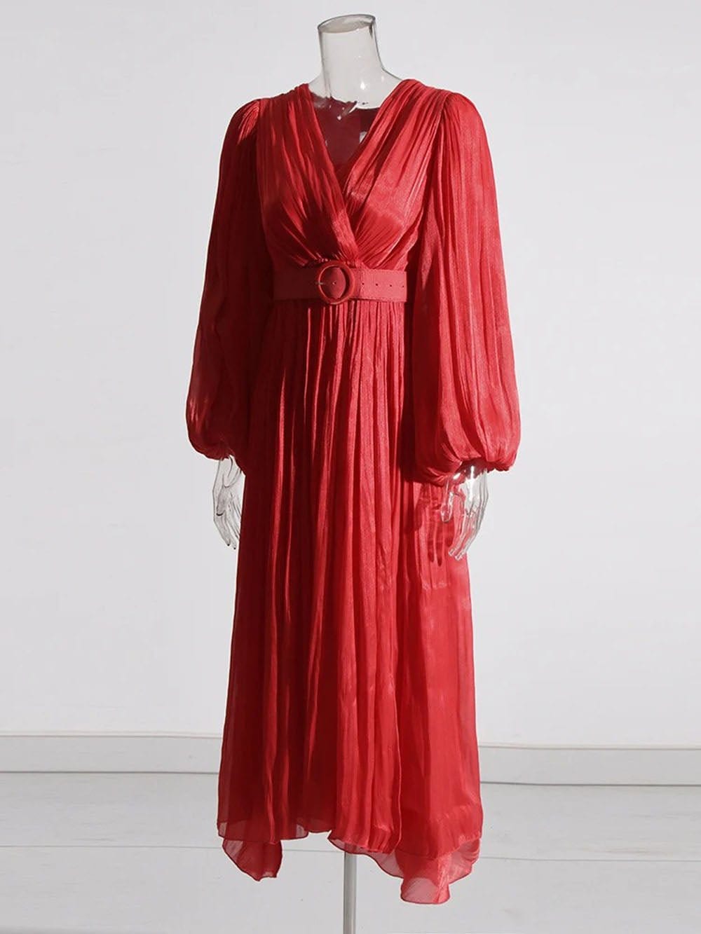 Pleated Deep V-Neck Puff Sleeve Belted A-Line Maxi Dress