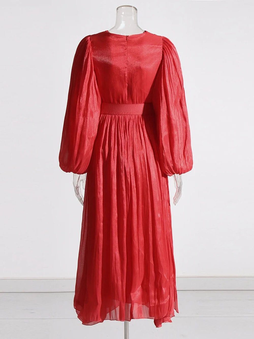 Pleated Deep V-Neck Puff Sleeve Belted A-Line Maxi Dress