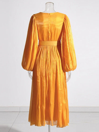 Pleated Deep V-Neck Puff Sleeve Belted A-Line Maxi Dress