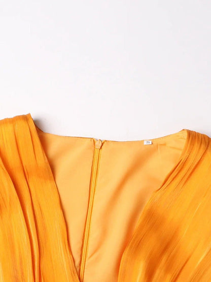 Pleated Deep V-Neck Puff Sleeve Belted A-Line Maxi Dress