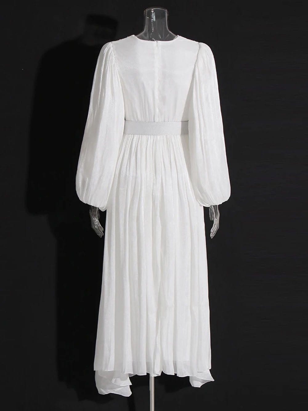 Pleated Deep V-Neck Puff Sleeve Belted A-Line Maxi Dress