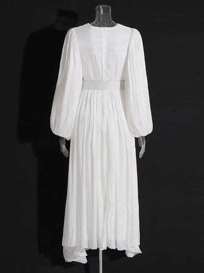 Pleated Deep V-Neck Puff Sleeve Belted A-Line Maxi Dress