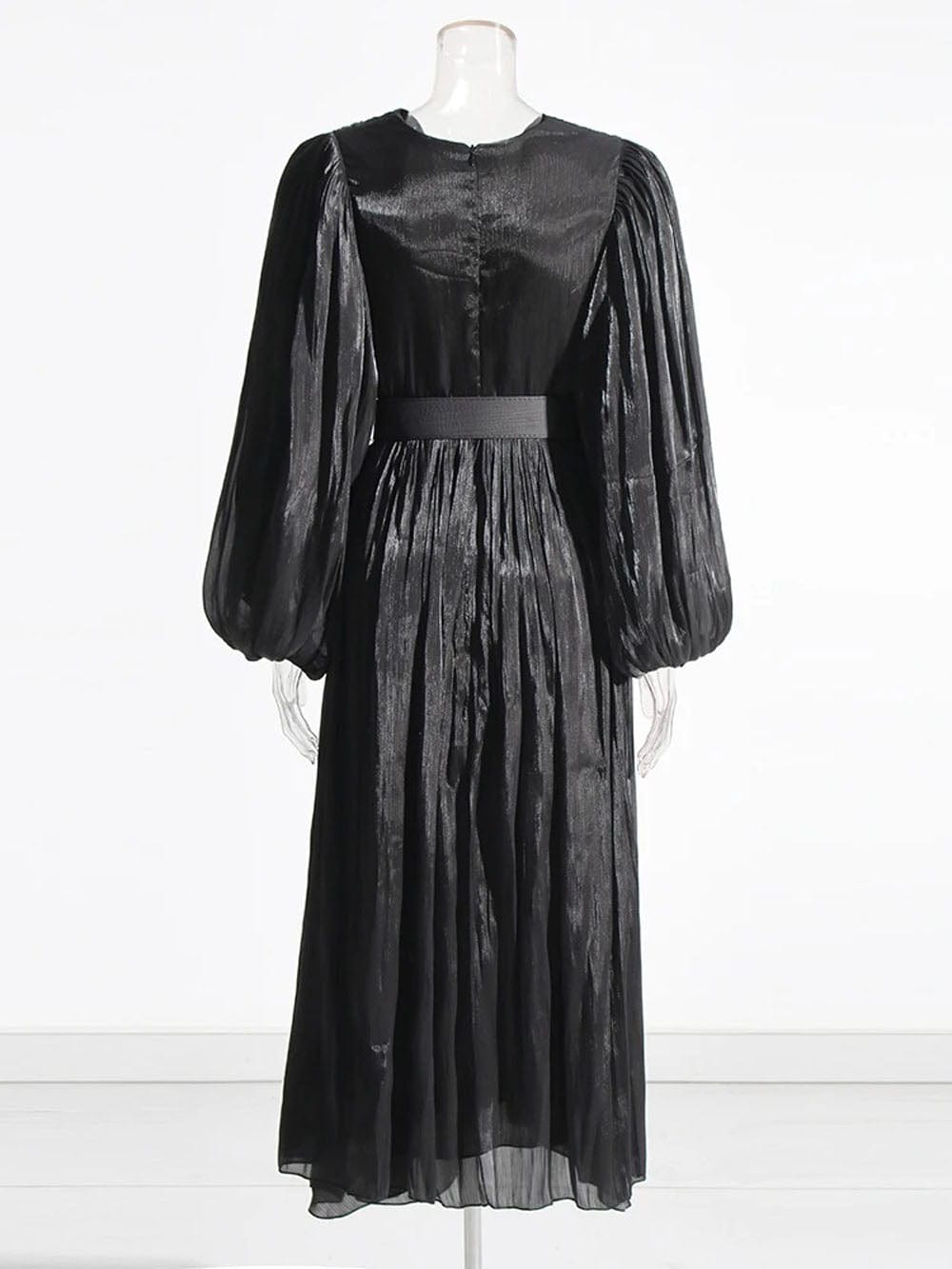Pleated Deep V-Neck Puff Sleeve Belted A-Line Maxi Dress