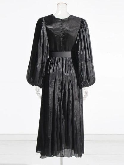 Pleated Deep V-Neck Puff Sleeve Belted A-Line Maxi Dress