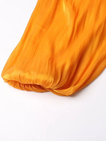 Pleated Deep V-Neck Puff Sleeve Belted A-Line Maxi Dress