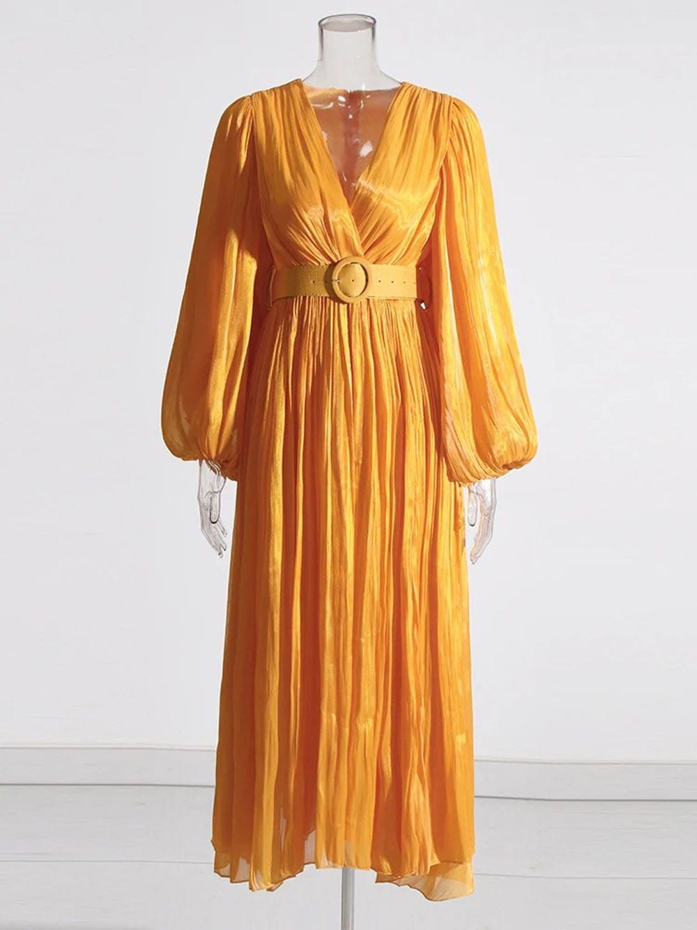 Pleated Deep V-Neck Puff Sleeve Belted A-Line Maxi Dress