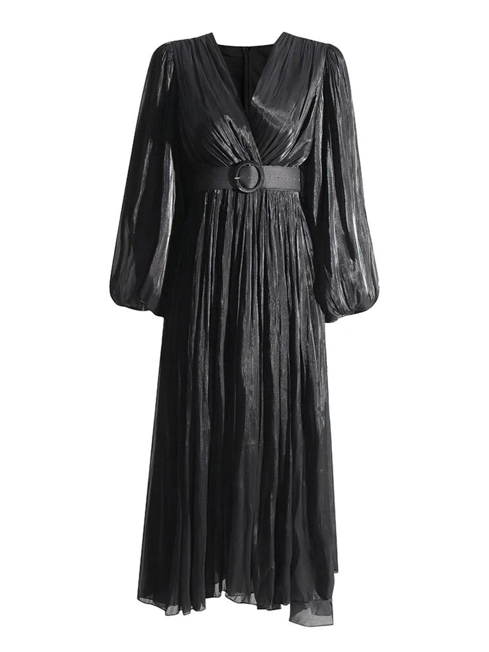 Pleated Deep V-Neck Puff Sleeve Belted A-Line Maxi Dress