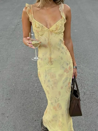 Yellow Camisole Floral Dress Slim Fit Fairycore Floral Dress