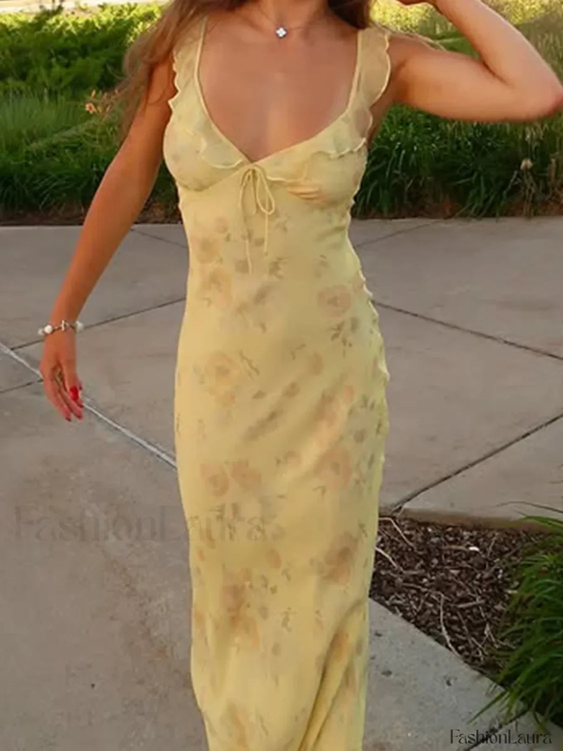 Yellow Camisole Floral Dress Slim Fit Fairycore Floral Dress