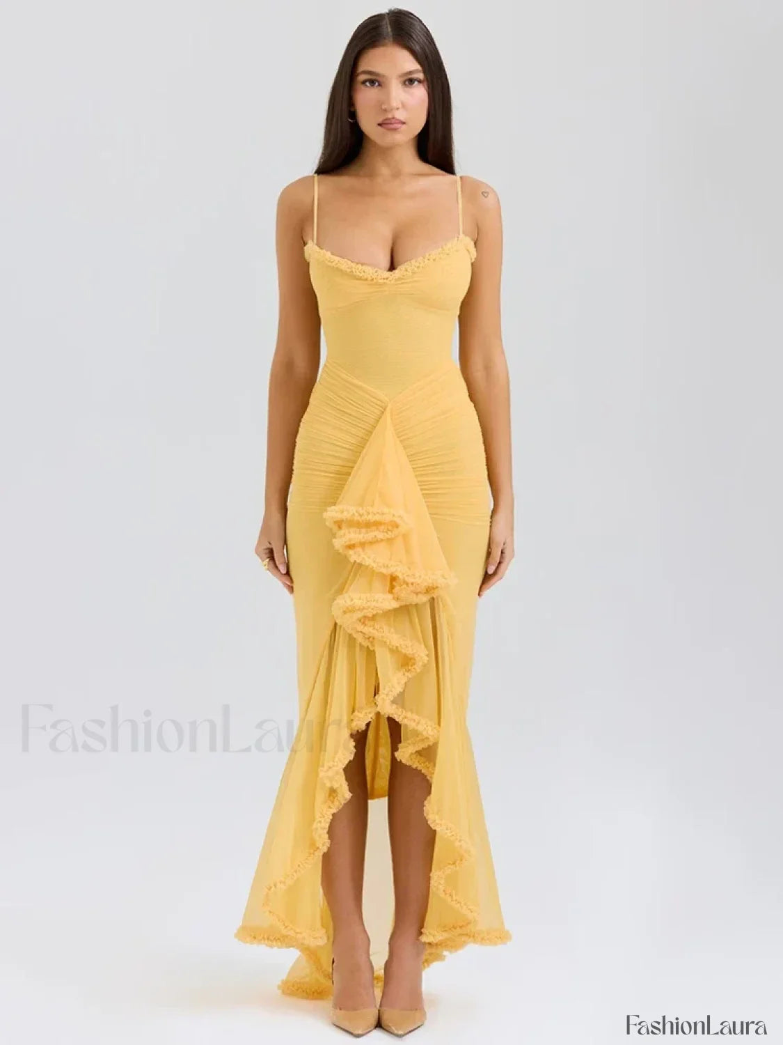 Yellow Ruffled Spaghetti Midi Dress