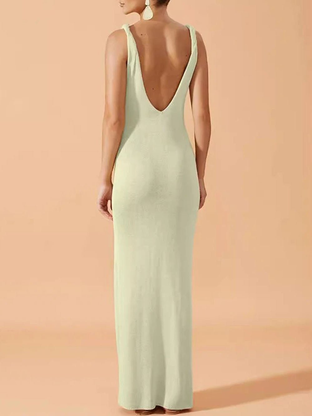 Green Deep V-Neck Twisted Strap High Split Bodycon Maxi Dress