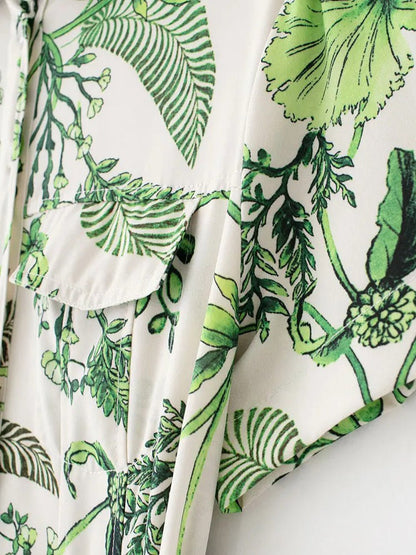 Multi Tropical Floral Print Button Down Tie Waist Shirt Midi Dress