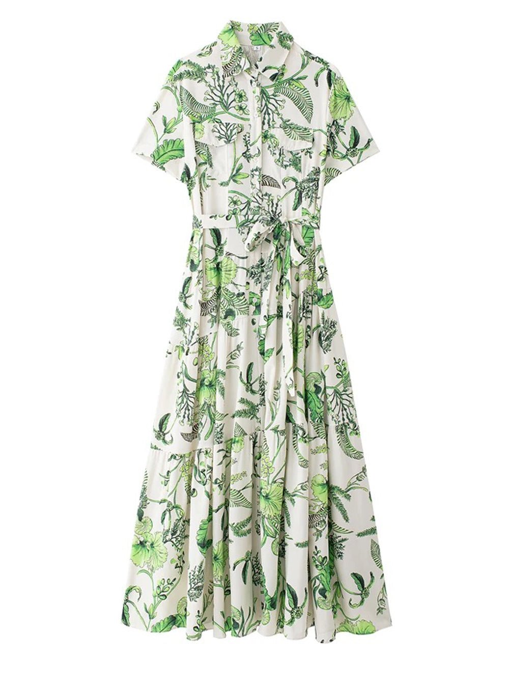 Multi Tropical Floral Print Button Down Tie Waist Shirt Midi Dress