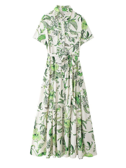 Multi Tropical Floral Print Button Down Tie Waist Shirt Midi Dress