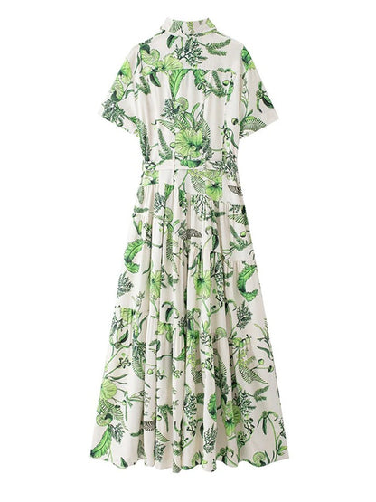 Multi Tropical Floral Print Button Down Tie Waist Shirt Midi Dress