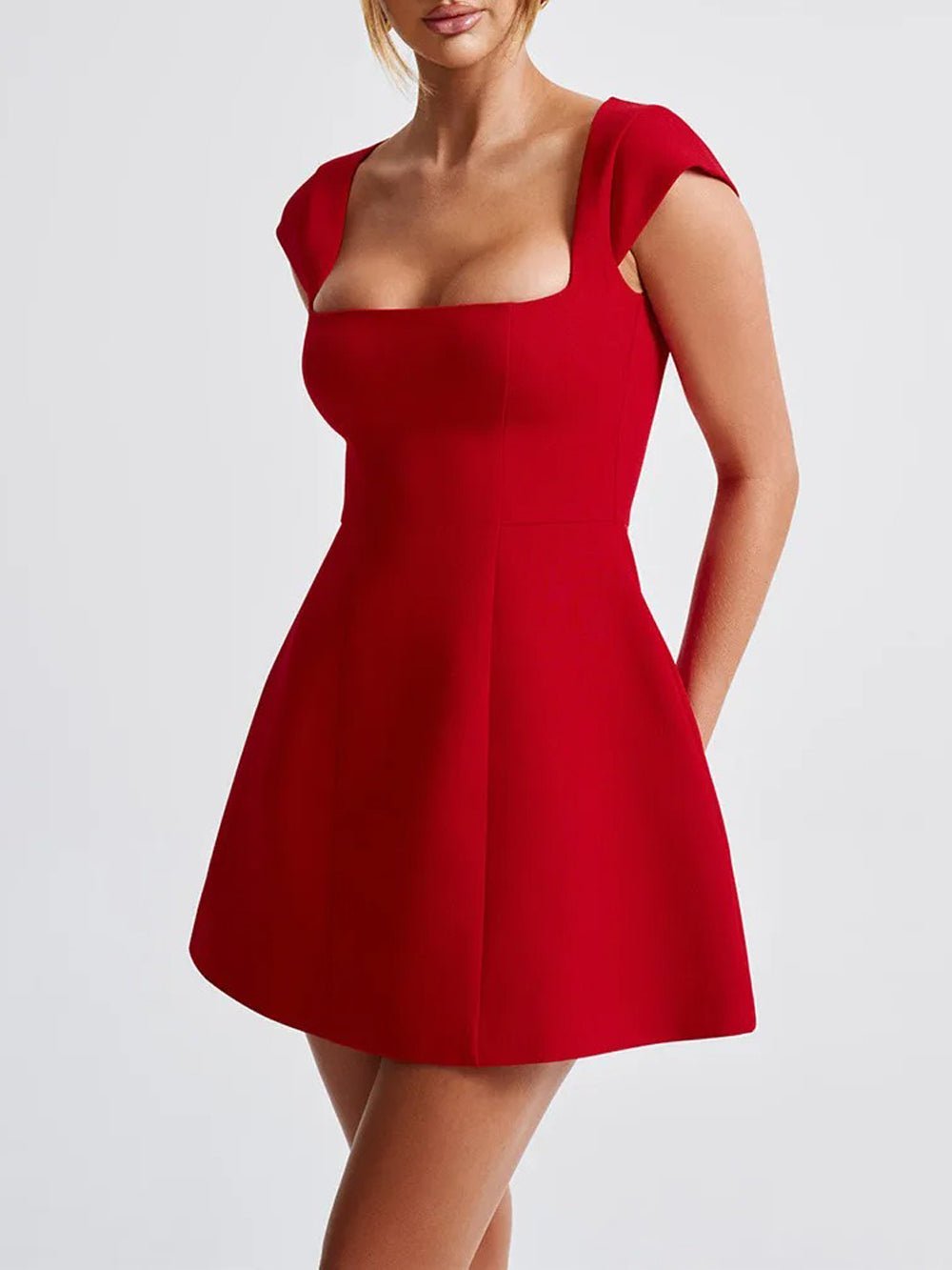 Square Neck Cap Sleeve Princess Seam Pocket Fit and Flare Mini Dress