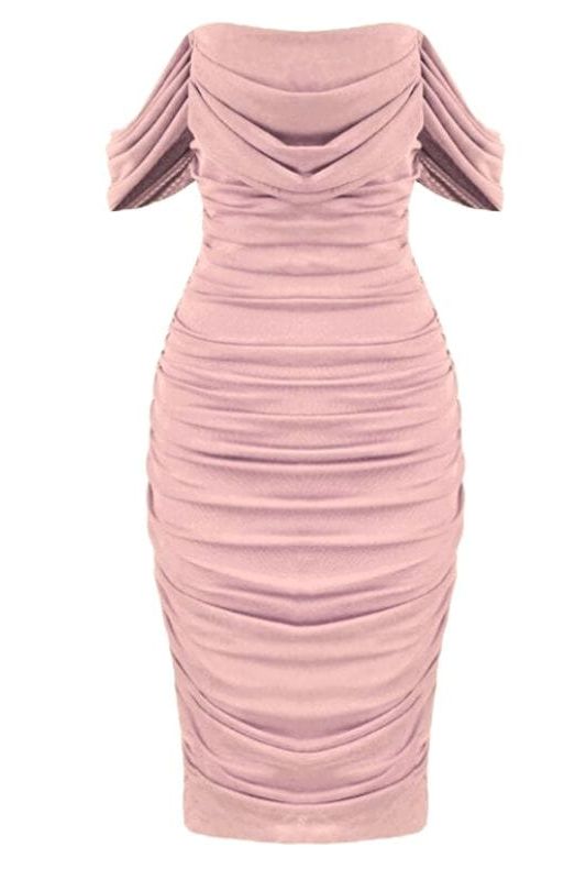 Dusty Pink Off Shoulder Cowl Neck Ruched Bodycon Midi Dress