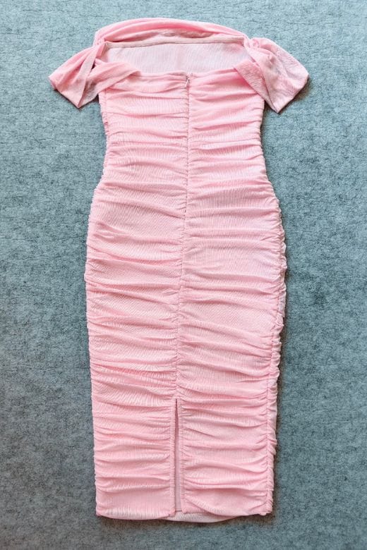 Dusty Pink Off Shoulder Cowl Neck Ruched Bodycon Midi Dress