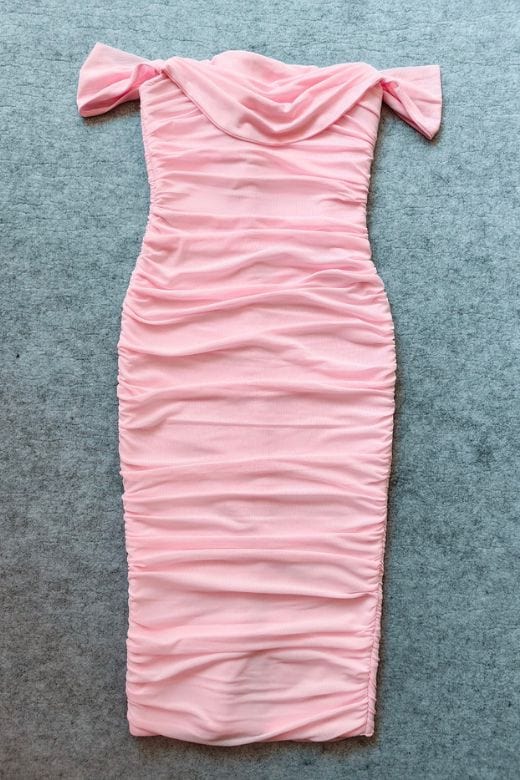 Dusty Pink Off Shoulder Cowl Neck Ruched Bodycon Midi Dress