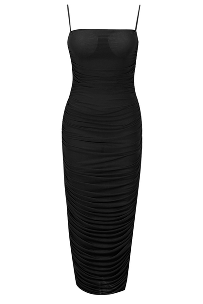 Classic Black Ruched Spaghetti Strap Bodycon High Split Maxi Dress