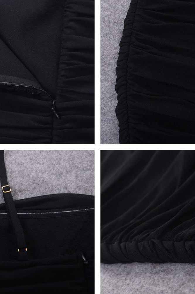 Classic Black Ruched Spaghetti Strap Bodycon High Split Maxi Dress
