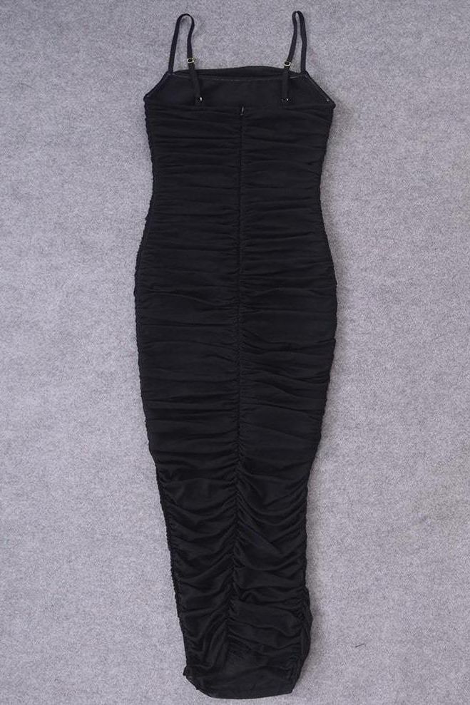 Classic Black Ruched Spaghetti Strap Bodycon High Split Maxi Dress