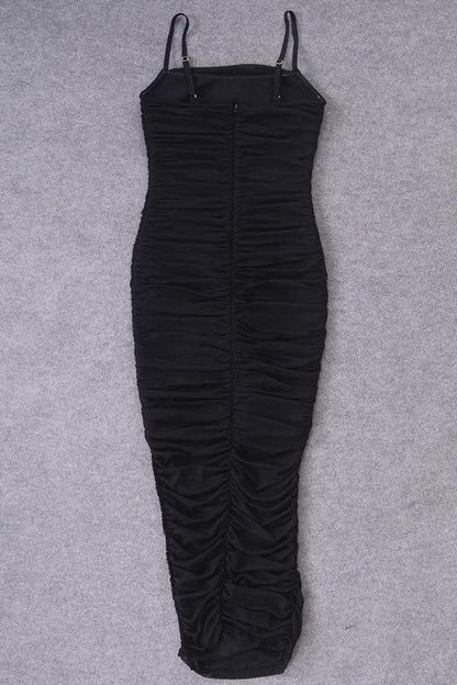 Classic Black Ruched Spaghetti Strap Bodycon High Split Maxi Dress