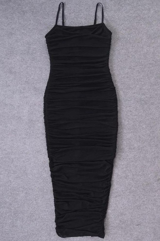 Classic Black Ruched Spaghetti Strap Bodycon High Split Maxi Dress