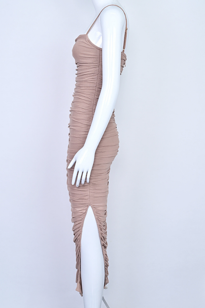 Tan Brown Spaghetti Strap All Over Ruched Bodycon Midi Dress