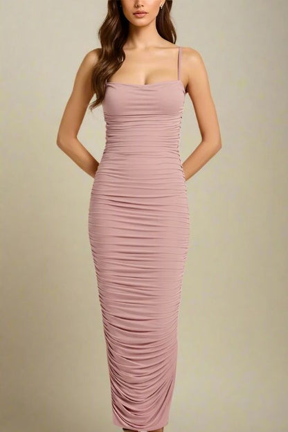Tan Brown Ruched Spaghetti Strap Bodycon High Split Maxi Dress