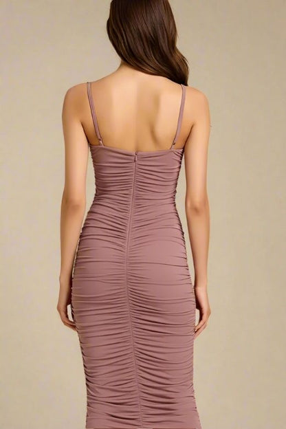 Tan Brown Spaghetti Strap All Over Ruched Bodycon Midi Dress
